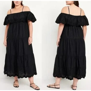NWT Old Navy Cold Shoulder Maxi Swing Dress Black Ruffle Cotton Plus Size 3X
